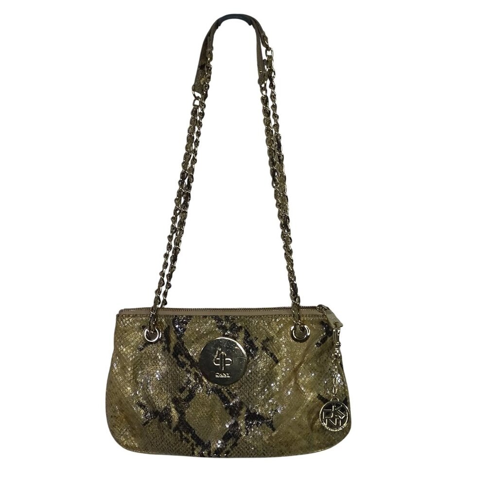DKNY Gold Python Snake Print Chain Strap Shoulder Bag Crossbody W/Charm Accent